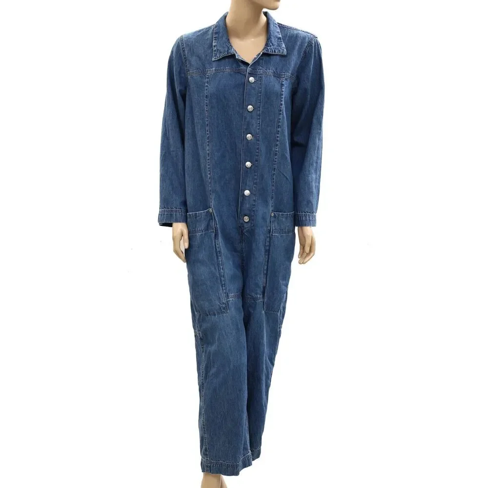 Free People We The Free Margarita Jumpsuit Utility Rigid Denim Wide Leg S 288857